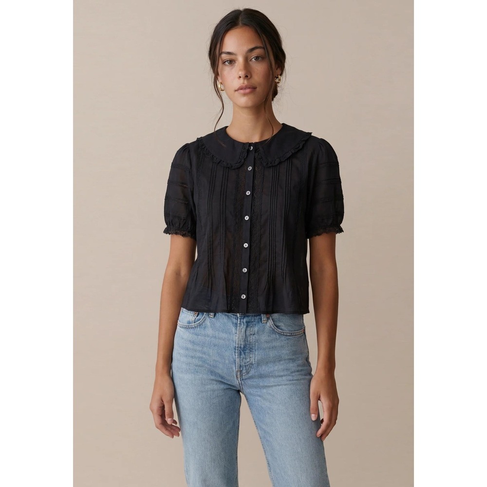 NWT Sorella Dorothy Lace Trim Cotton Top in Black - Size Small
